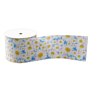 Lazo De Tela Gruesa Ditzy White Daisies, Blue Personalizado Grosgrain 
