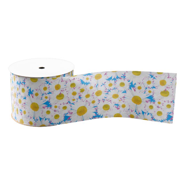 Lazo De Tela Gruesa Ditzy White Daisies, Blue Personalizado Grosgrain  (Carrete)