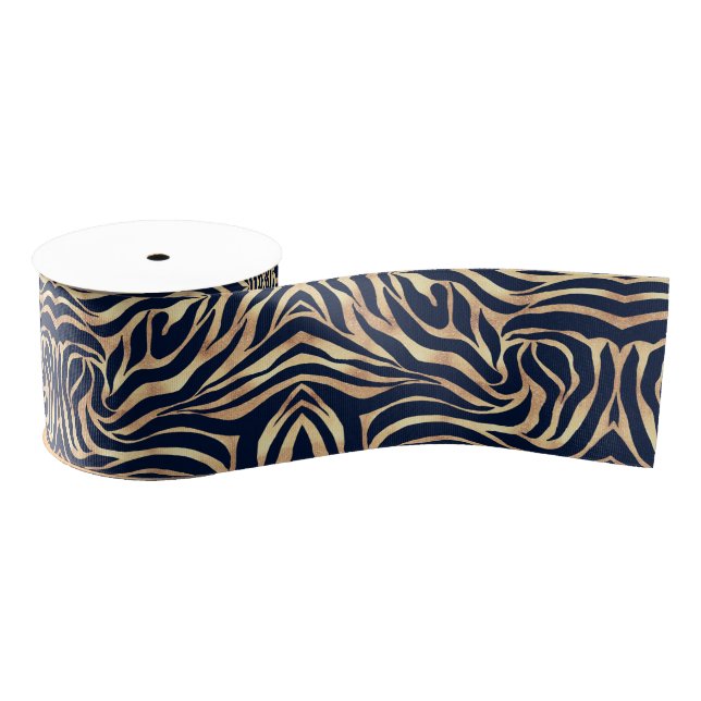 Lazo De Tela Gruesa Elegant Navy Blue Gold Zebra Print (Carrete)