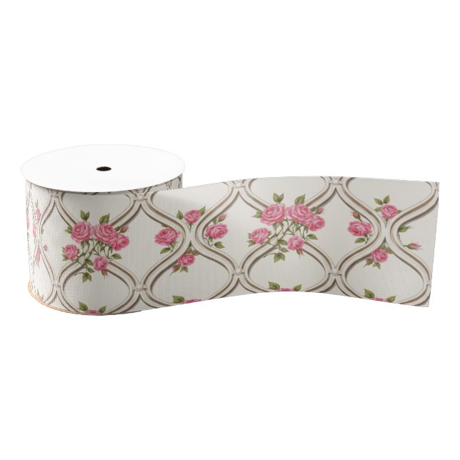 Lazo De Tela Gruesa Elegant Rococo Revival Pink Floral & Beige Lattice (Carrete)