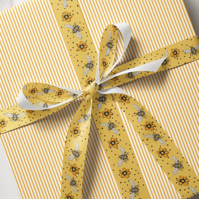 Lazo De Tela Gruesa Elegante Abejas y Flores Amarillas Florales (Elegant Bees, Flowers & Dots Pattern in Chic Mustard Yellow. Hand Drawn Honeybees & Spring Flowers.)
