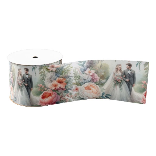 Lazo De Tela Gruesa Elegante acuarela Boda Floral (Carrete)