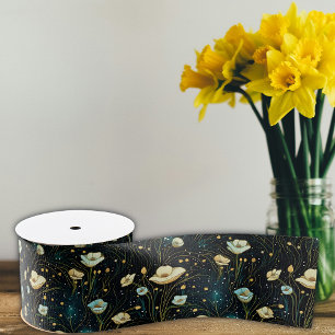 Lazo De Tela Gruesa Elegante floral celestial azul de medianoche