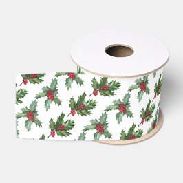 Lazo De Tela Gruesa Elegante Holly Berries Patrón Navidades de vacacio