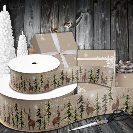 Lazo De Tela Gruesa Elegante Kraft Winter Woodland Spruce Reindeer 1.5