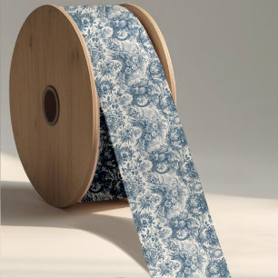 Lazo De Tela Gruesa Elegante Toile Floral Azul Vintage en Grosgrain