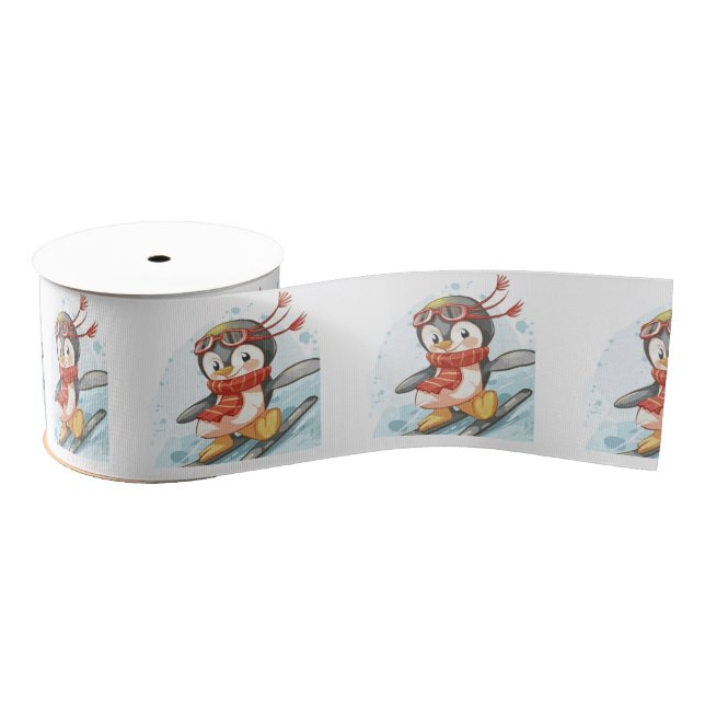 Lazo De Tela Gruesa Esquí de Nieve Pingüino de Acuarela (Carrete)