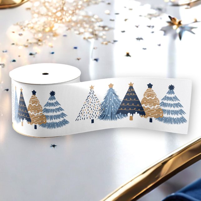 Lazo De Tela Gruesa Festividad en los árboles azules de la marina, Nav (Navy Blue Trees Modern Simple Christmas Holiday Grosgrain Ribbon)