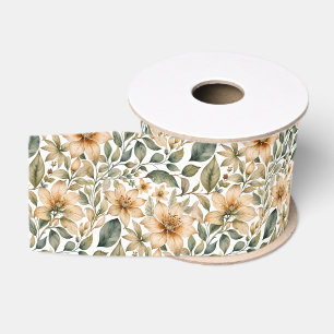 Lazo De Tela Gruesa Flor de Acuarela Verde Salvia y Beige Vintage