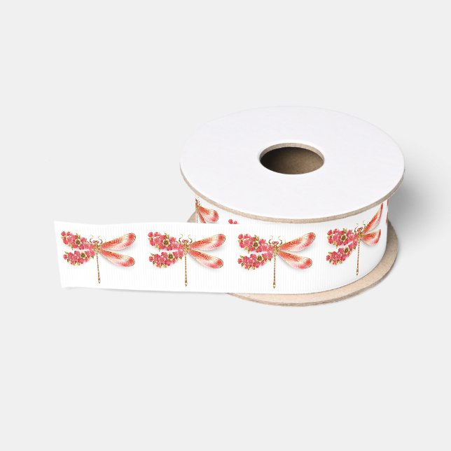 Lazo De Tela Gruesa Flor libélula con sakura de joyas (Carrete)
