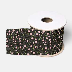 Lazo De Tela Gruesa Flor rosa y cúrcuta sobre negro con patrón de repe