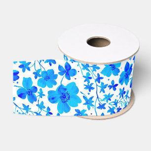 Lazo De Tela Gruesa Floral botánica en azul profundo y blanco