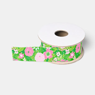 Lazo De Tela Gruesa Floral Preppy de Palm Beach Rosa y Verde