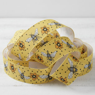 Lazo De Tela Gruesa Flores de abejas amarillas y cosmos