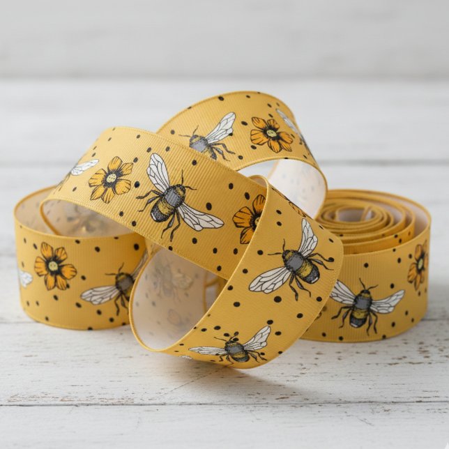 Lazo De Tela Gruesa Flores de abejas y cosmos ocre (Orange & Black Polka Dots Floral Insect Bee Ribbon. Vintage Honeybee & Yellow Flowers Nature Pattern)
