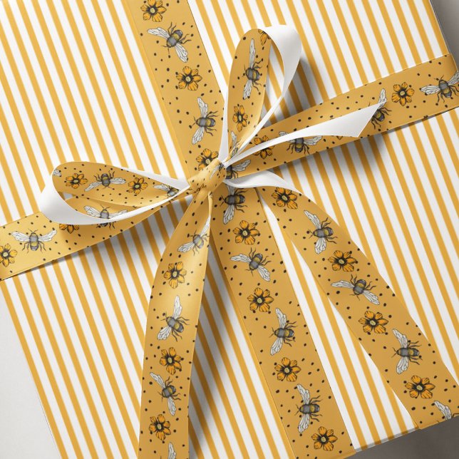 Lazo De Tela Gruesa Flores de abejas y cosmos ocre (Elegant Floral Ochre Yellow Bee Ribbon. Yellow & Black Honeybees, Orange Flowers & Black Polka Dots)