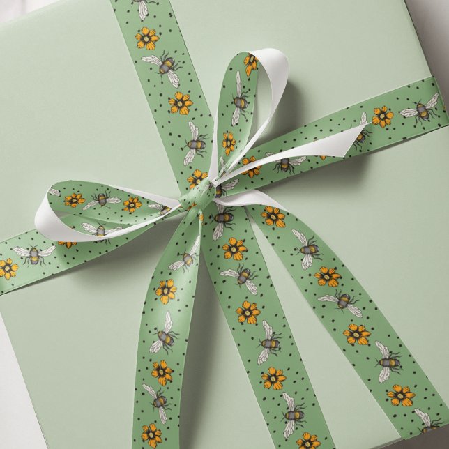 Lazo De Tela Gruesa Flores de abejas y cosmos verdes sage (Elegant Bees, Flowers & Dots Pattern Ribbon in Green. Hand Drawn Cute Honeybees and Spring Flowers.)