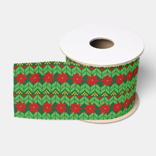 Lazo De Tela Gruesa Flores de Poinsettia Rojo Dorado y Verde Bonitas