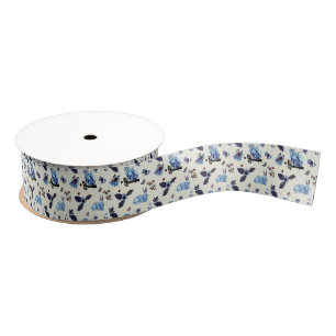 Lazo De Tela Gruesa Flores Rabbit Monkey Blue White Vintage