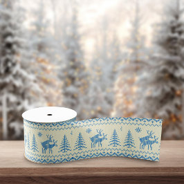 Lazo De Tela Gruesa Funny Reindeer Christmas Tree Snow Blue Pattern