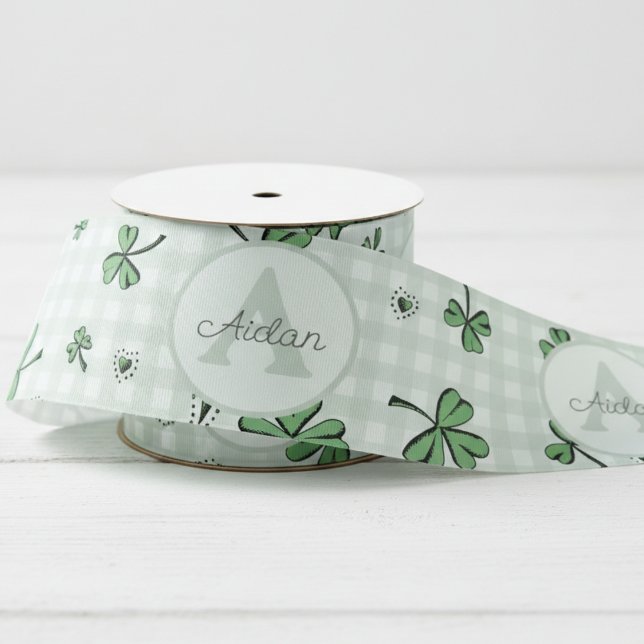 Lazo De Tela Gruesa Género Netural Monogramado Green Shamrock (Gender Neutral Irish Baby Shower Ribbon. Vintage Shamrock & Heart Drawing on Green and White Gingham)