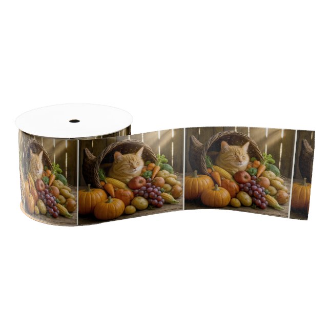 Lazo De Tela Gruesa Ginger Cat In a Thanksgiving Cornucopia (Carrete)