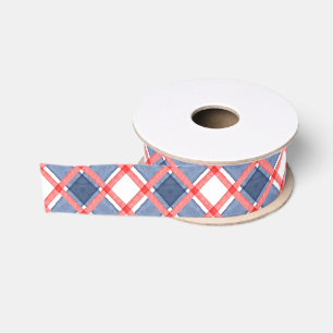 Lazo De Tela Gruesa Gingham de cuadros rojos, blancos y azules en acua