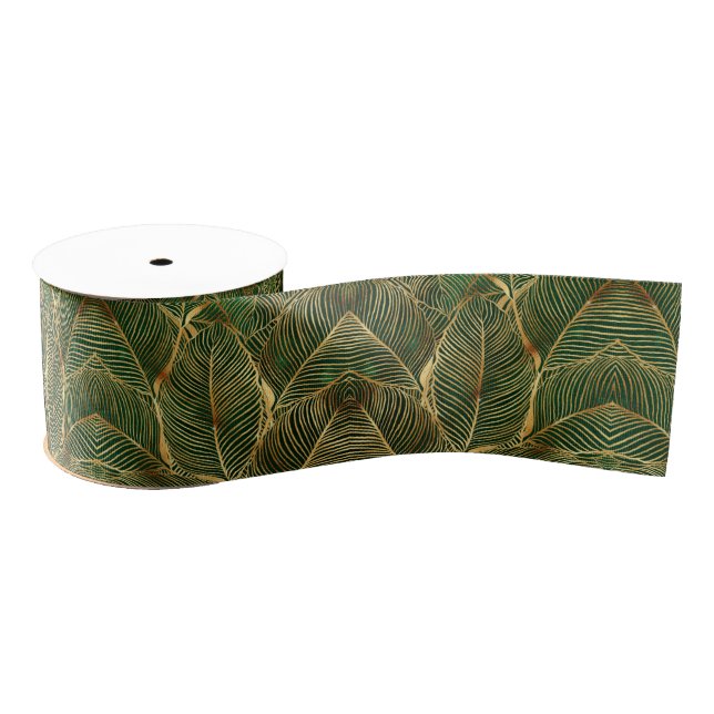 Lazo De Tela Gruesa Gold Leaves Forest Green Elegant Pattern (Carrete)