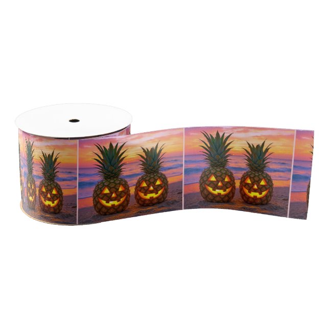 Lazo De Tela Gruesa Halloween Pineapple Jack-o-lanterns On a Beach (Carrete)