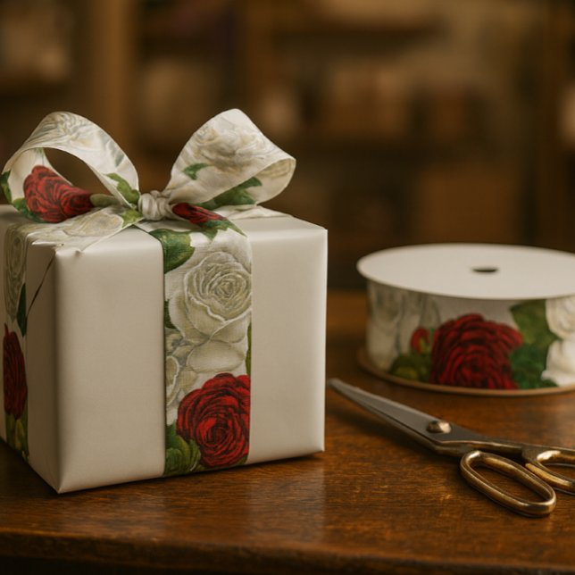 Lazo De Tela Gruesa Hermosa rosa blanca y roja (A sophisticated white and red rose ribbon, ideal for both occasion gifts and crafting projects.)