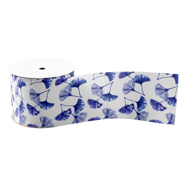 Lazo De Tela Gruesa Hojas de gingko azules y blancas (Carrete)
