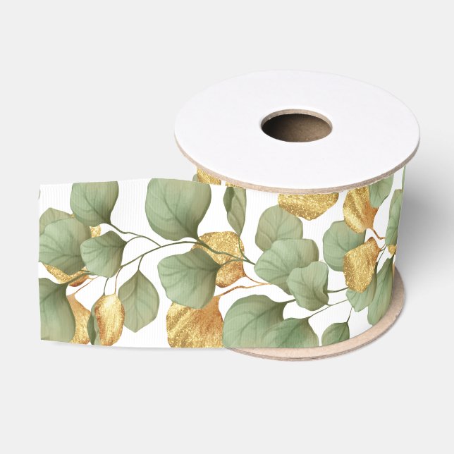 Lazo De Tela Gruesa Hojas verdes y doradas.  Estampado (Carrete)