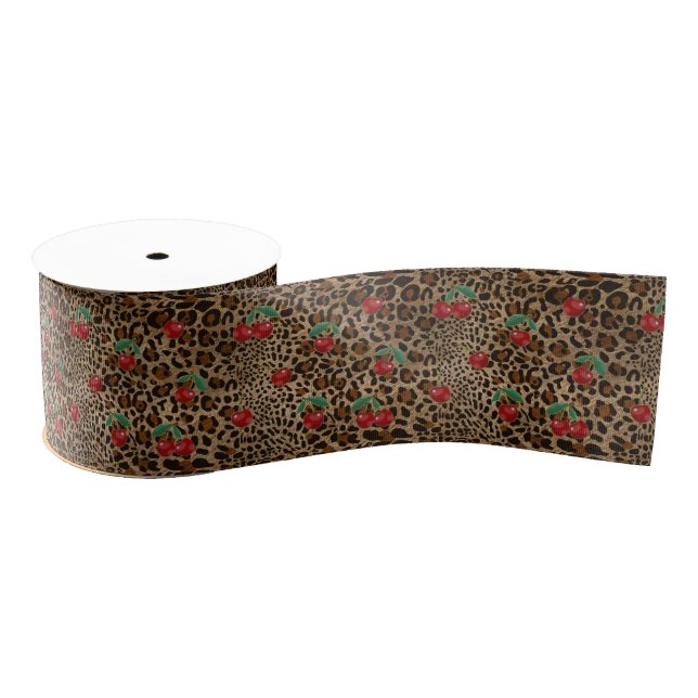 Lazo De Tela Gruesa Leopard Cheetah Animal Print Red Cherry Pattern (Carrete)