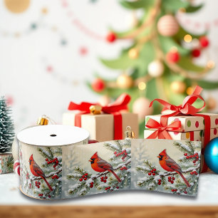 Lazo De Tela Gruesa Lindo cardenal de Navidad y ramas de pino