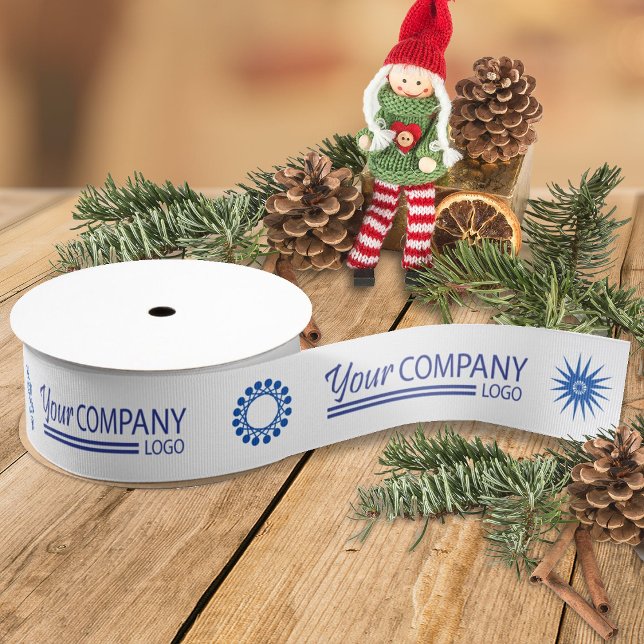 Lazo De Tela Gruesa Logo azul Blu Snowflake - Regalo de vacaciones con (white ribbon with blue business logo, blue company holiday christmas gift ribbon, promotional logo)
