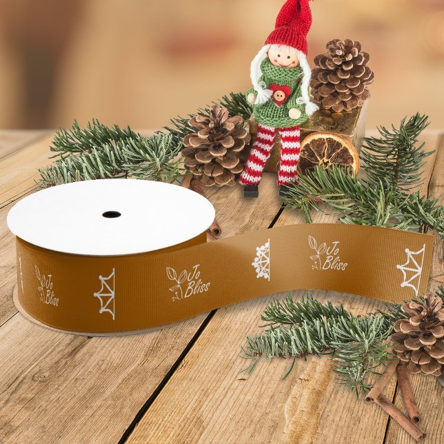 Lazo De Tela Gruesa Logo de Golden Brown Business Snowflakes Promotion (terracotta ribbon with white business logo, brown beige company holiday christmas gift ribbon)