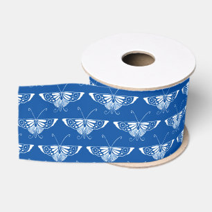 Lazo De Tela Gruesa Mariposa estilizada Art Deco, azul cobalto y blanc