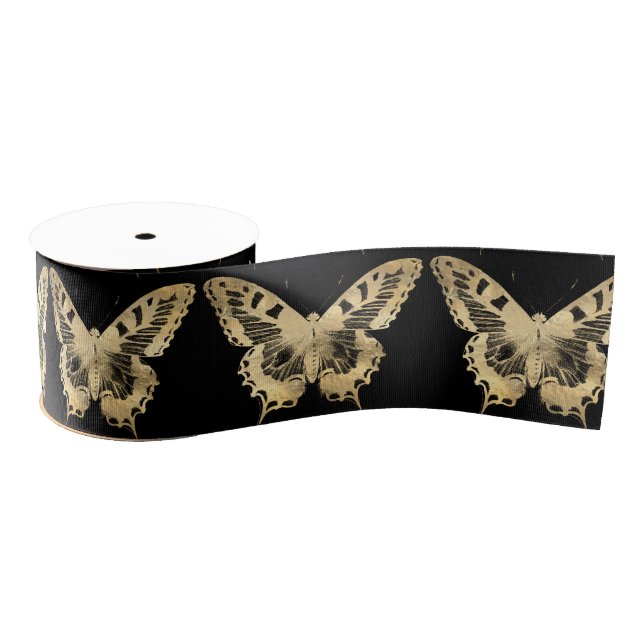 Lazo De Tela Gruesa Mariposas elegantes en negro (Carrete)