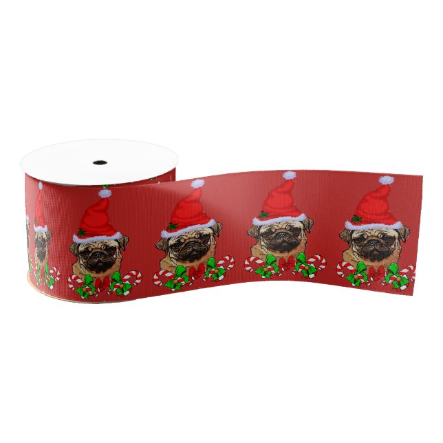 Lazo De Tela Gruesa Merry Navidades de Cute Santa Pug (Carrete)