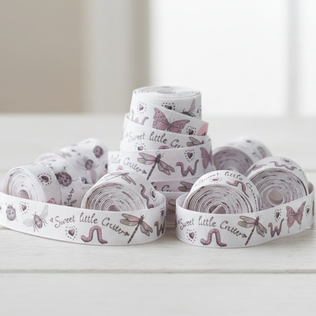 Lazo De Tela Gruesa Monograma de insectos de Rubor rosados y sabios (Cute Nature Insect Ribbon for Girl. Whimsical Bugs Pattern & Monogram for Her for Girl Baby Shower )
