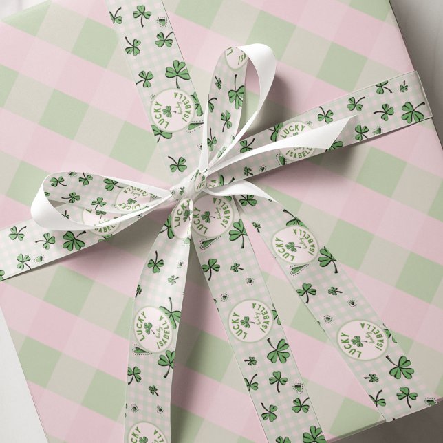 Lazo De Tela Gruesa Monogramo Pink & Green Lucky Baby Shamrock (Cute St. Patricks Day Lucky Baby Personalized Ribbon for Baby Girl in Pink. Green Shamrocks & Hearts)