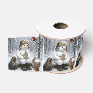 Lazo De Tela Gruesa Muñeco de nieve con animales del bosque invernal