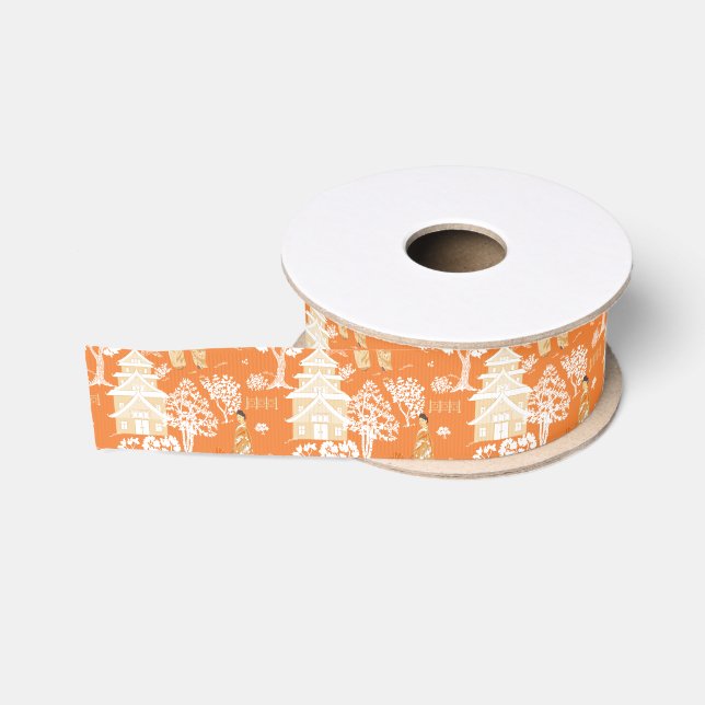 Lazo De Tela Gruesa Naranja Chinoiserie Pagodas (Carrete)