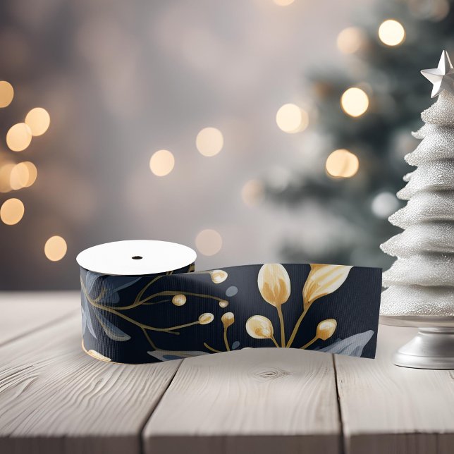 Lazo De Tela Gruesa Navidades Azules Y Oro Se Fueron (Blue and Gold Leaf Christmas Ribbon)
