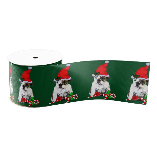 Lazo De Tela Gruesa Navidades de Bulldog Cute Santa English (Carrete)
