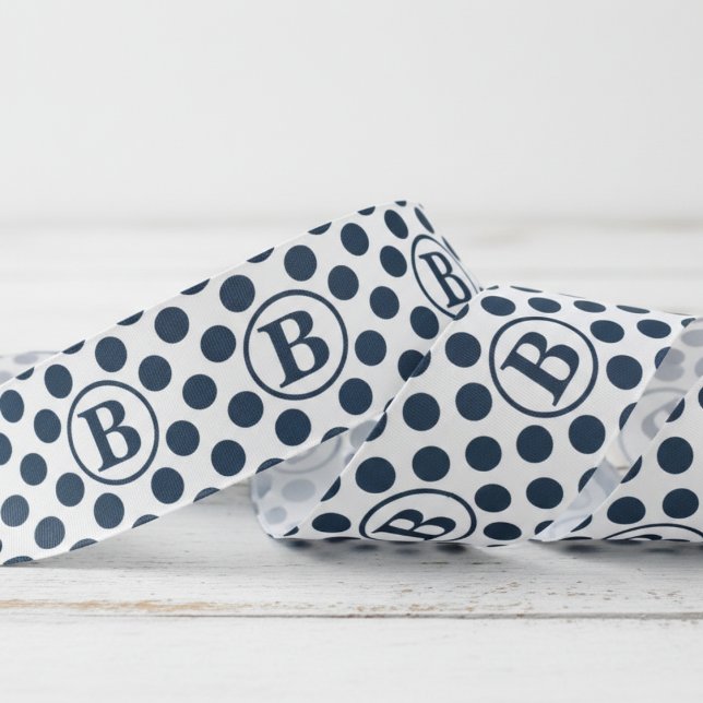 Lazo De Tela Gruesa Navy Blue Polka Dot Pattern Monogram (Elegant Large Navy Blue Polka Dots Monogram Ribbon for Him. Classic Preppy Big Dots Pattern  for Dad)