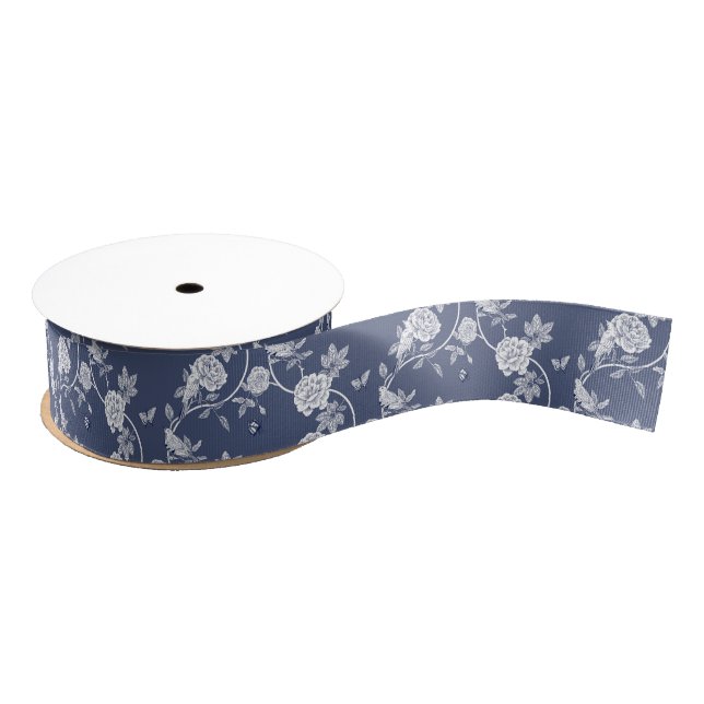 Lazo De Tela Gruesa Navy Chinoiserie Floral (Carrete)