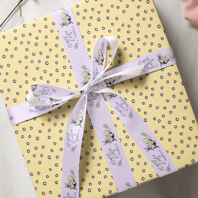 Lazo De Tela Gruesa Nombre de conejo conejo conejo y huevos morados Ha (Pastel Purple Bunny and Egg Happy Easter Pattern Ribbon for Easter Parties and Celebrations. )