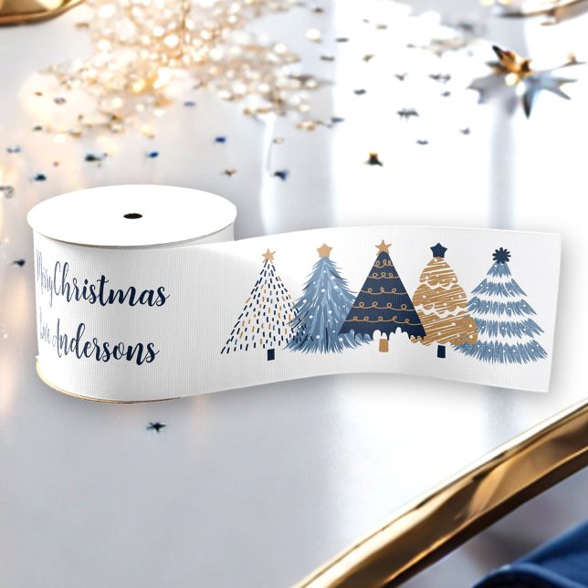 Lazo De Tela Gruesa Nombre de Navidades simples modernos de árboles az (Navy Blue Trees Modern Simple Christmas Name Grosgrain Ribbon)