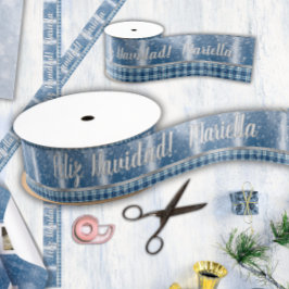 Lazo De Tela Gruesa Nombre Español Feliz Navidad Elegante Azul